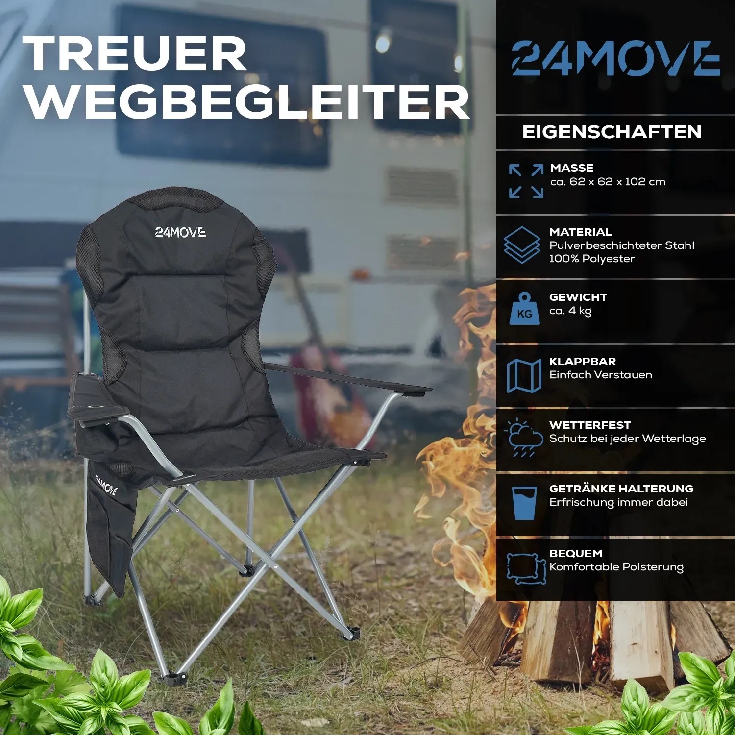 Schwarzer, faltbarer 24MOVE Campingstuhl mit Polsterung und Tragetasche, max. 150kg.