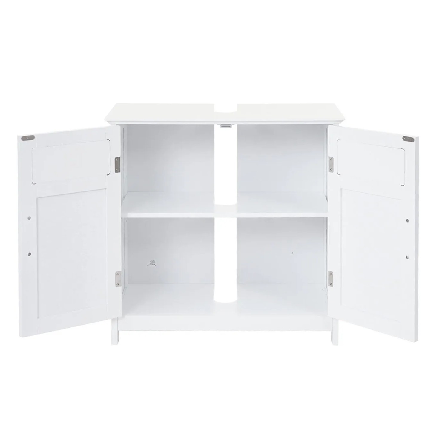 Weißer MCW Waschbeckenunterschrank mit offenen Türen, verstellbarem Einlegeboden und Aussparung für Siphon. MDF/Bambus.