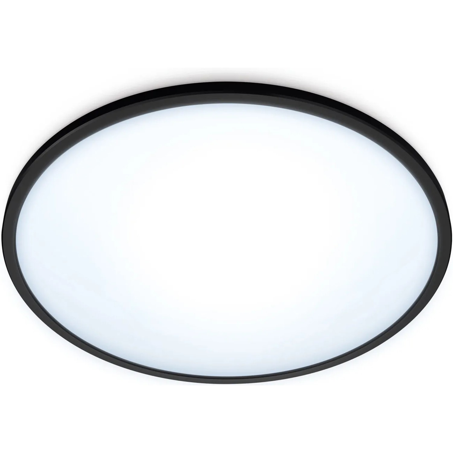 Schwarze, runde WiZ LED-Deckenleuchte SuperSlim, dimmbar, 1500 lm, Ø 29,2 cm.