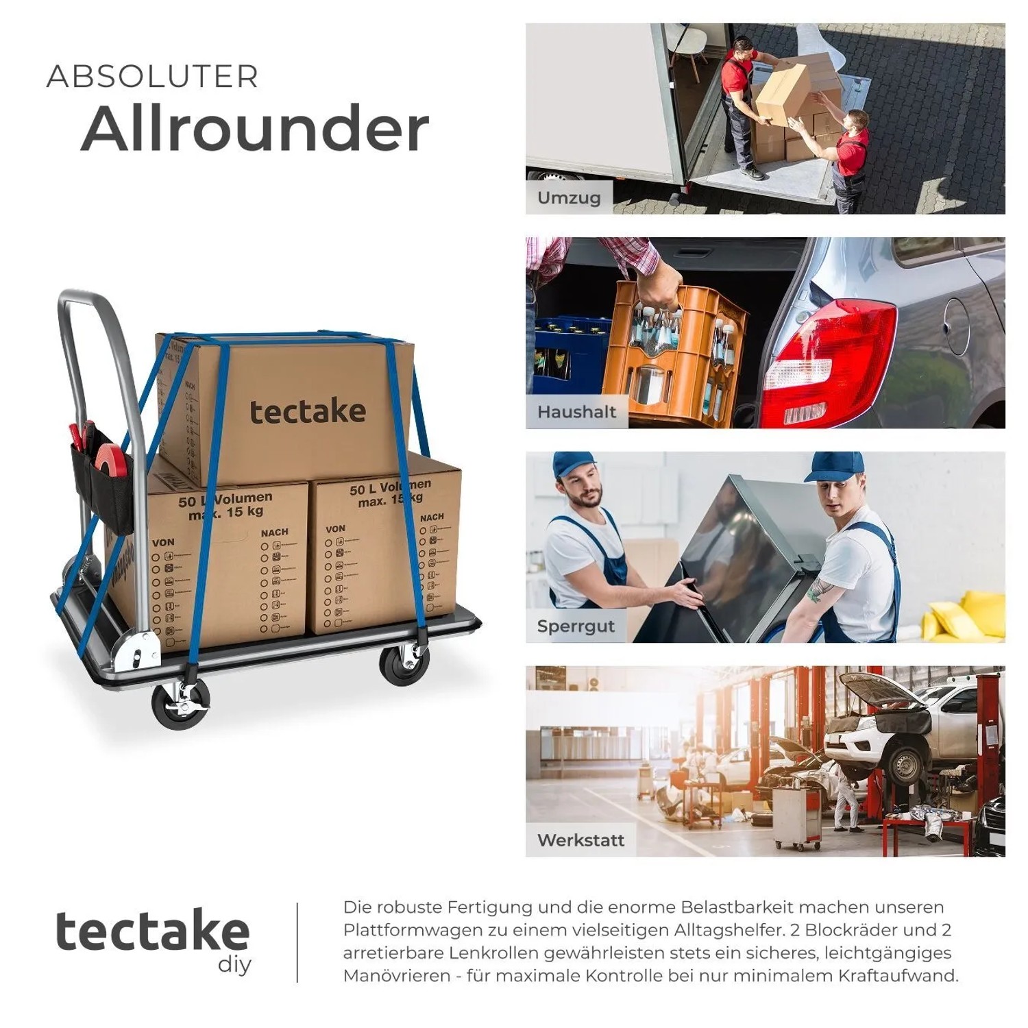 Tectake Plattformwagen Klappbarer Handgriff Mit Aufbewahrungsfach 2 Block und 2 Drehrollen 90 x 61 x 88 50 cm Schwarz_5