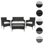 Schwarze 4-teilige Poly-Rattan Lounge-Garnitur mit creme-farbenen Kissen und Tisch mit Glasplatte.