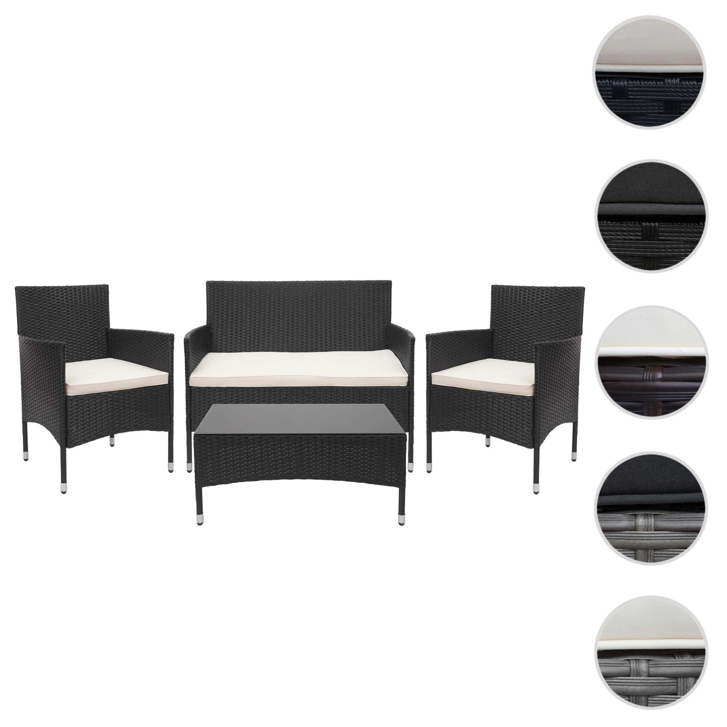 Schwarze 4-teilige Poly-Rattan Lounge-Garnitur mit creme-farbenen Kissen und Tisch mit Glasplatte.