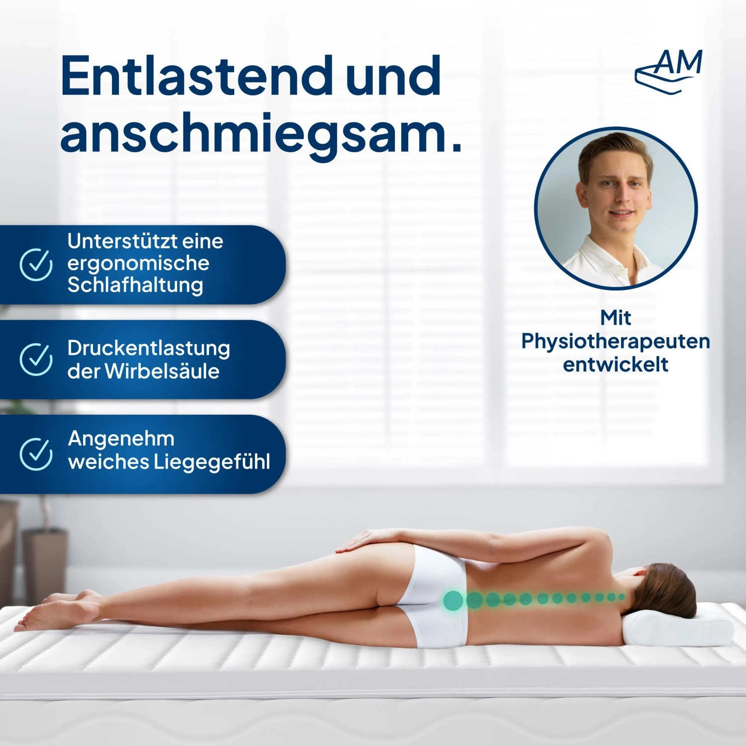 AM Premium Gelschaum Topper 160x200: Frau liegt entspannt auf der Matratze. Ergonomisch & druckentlastend.