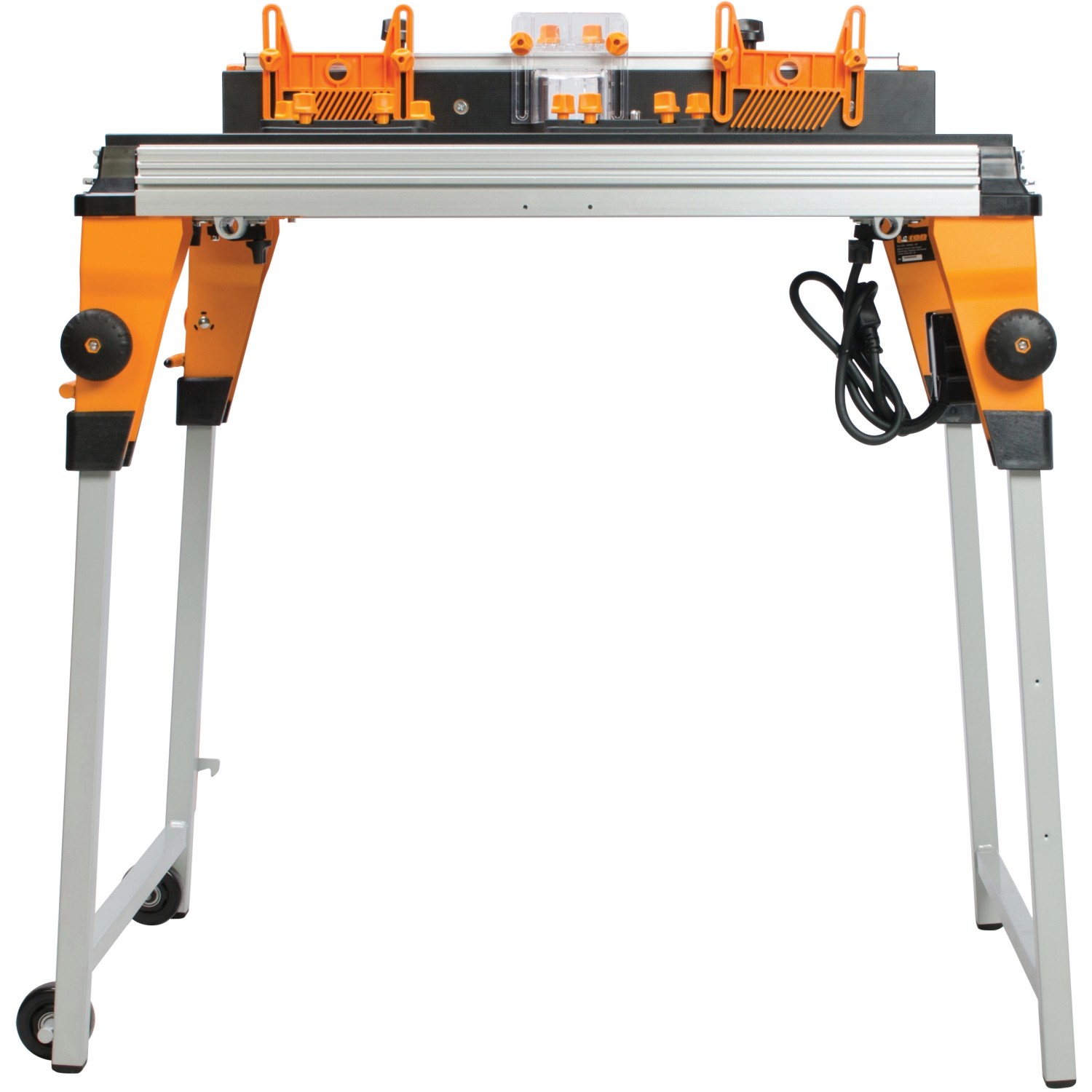 Triton Frästischmodul TWX7RT001 für Werkbank mit orangefarbenen Akzenten und silbernen Beinen.