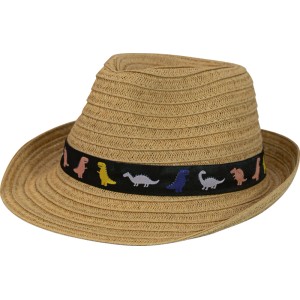 Brauner Strohhut für Jungs im Fedora-Stil, mit schwarzem Dino-Band. Gr. 53-54 Sonnenhut für Kinder.