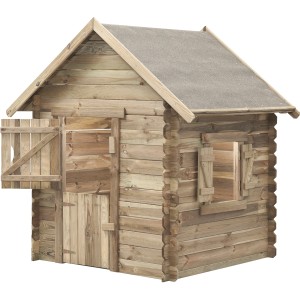 SwingKing Spielhaus Louise aus Fichtenholz mit Fenster und Tür, ideal für den Garten.
