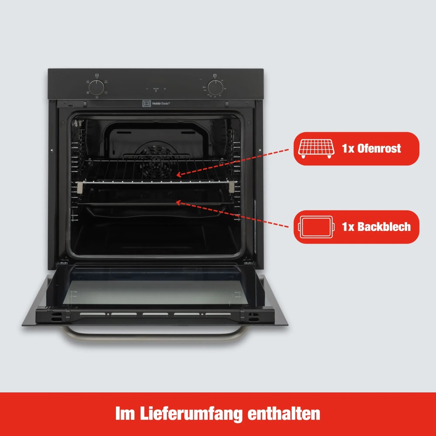 Telefunken Einbaubackofen, 78 Liter, schwarz, mit Ofenrost und Backblech.