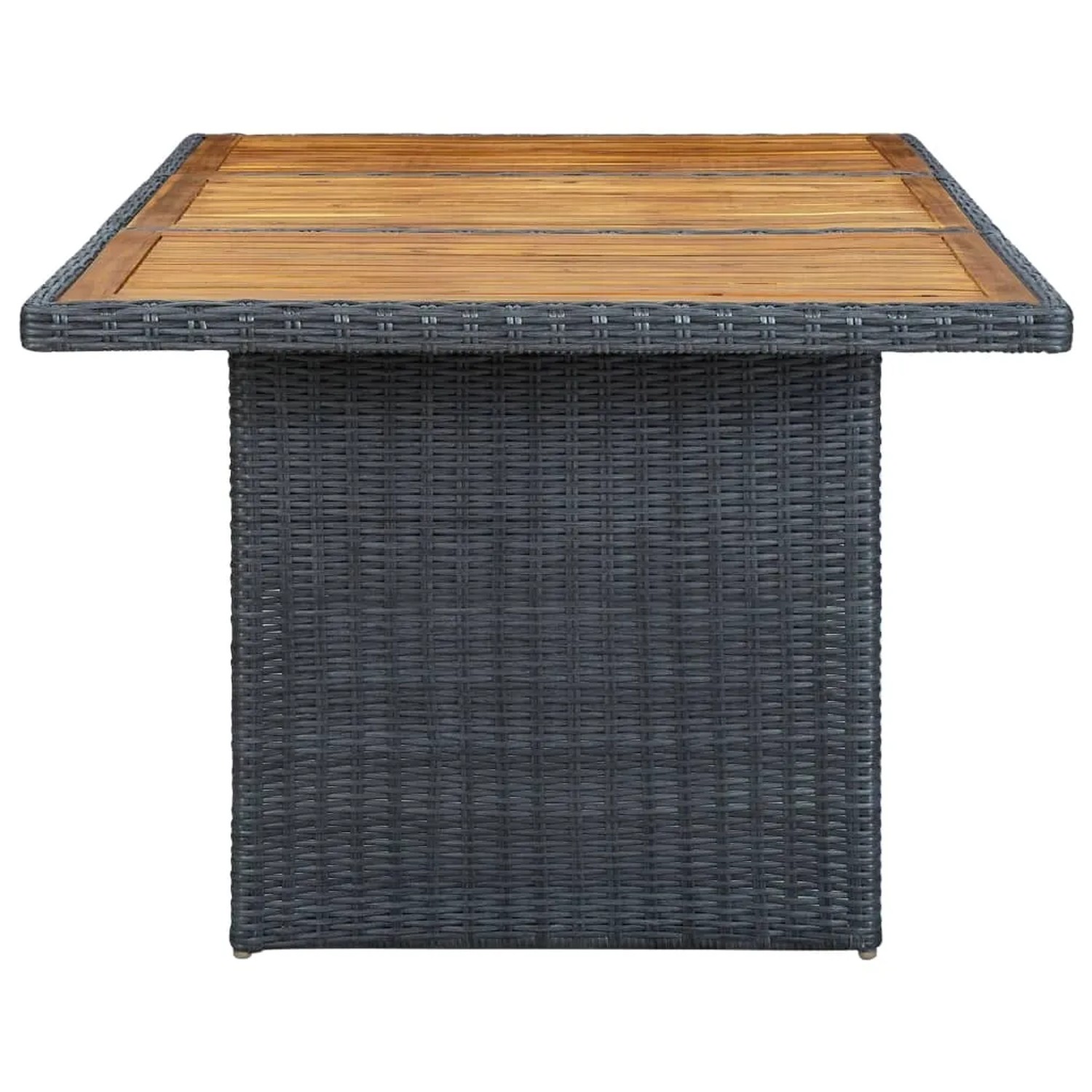 Dunkelgrauer vidaXL Gartentisch aus Poly Rattan mit Akazienholz Tischplatte.