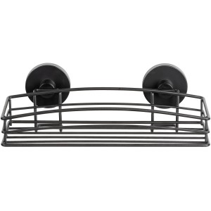 Schwarze Wenko Wandablage Vacuum-Loc für Badutensilien, befestigt mit Saugnäpfen.