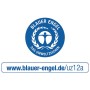 Deutsches Prüfzeichen Blauer Engel, blaues rundes Logo mit stilisierter Figur und URL www.blauer-engel.de/uz12a für OBI Buntlack.