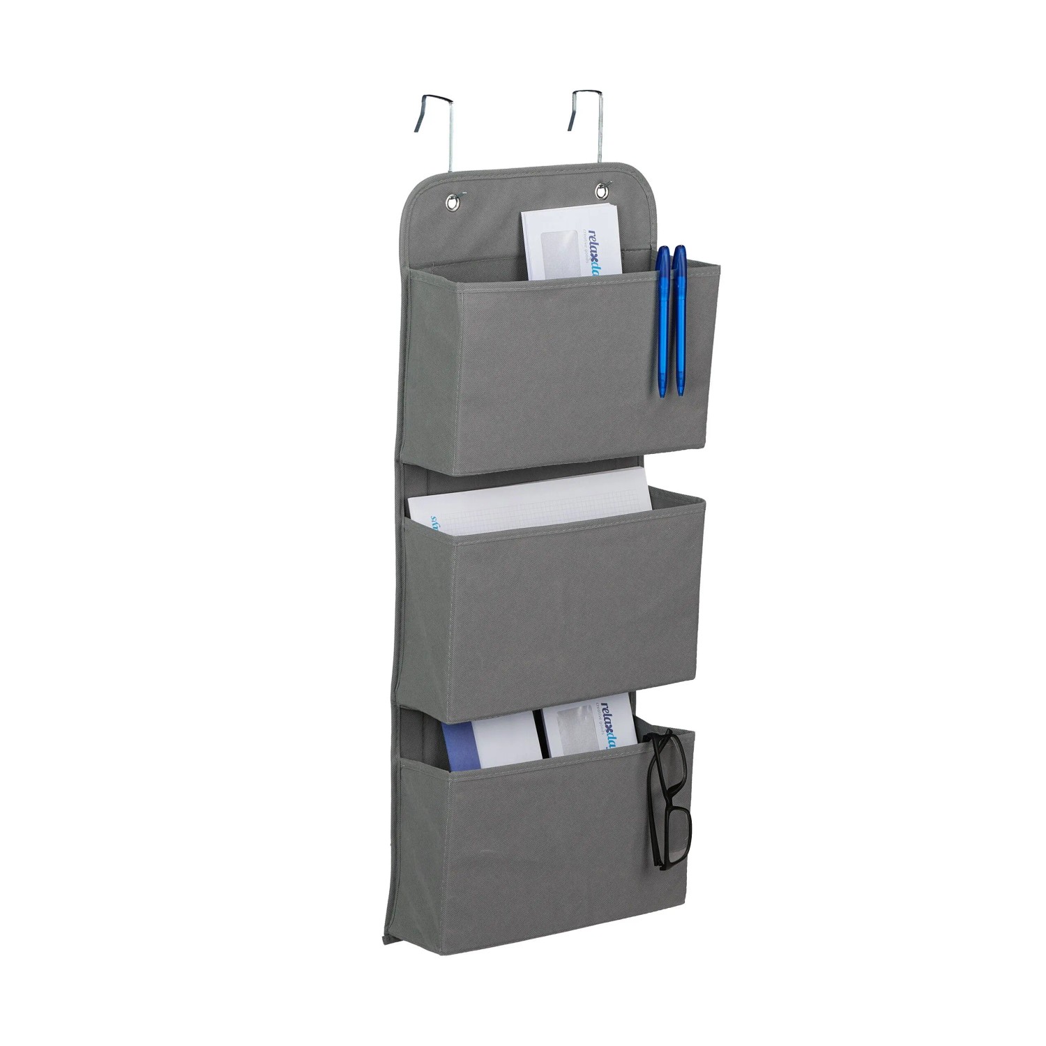 Relaxdays Hängeorganizer Vlies Pappe Grau Faltbar mit 3 Fächern 75 cm x 31 cm x 10 cm 0,45 kg