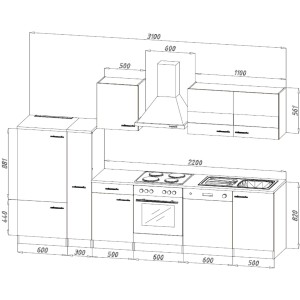Skizze der Respekta Economy Küchenzeile KB310ESWSC, 310 cm, in Weiß und Eiche Sägerau mit Maßangaben.