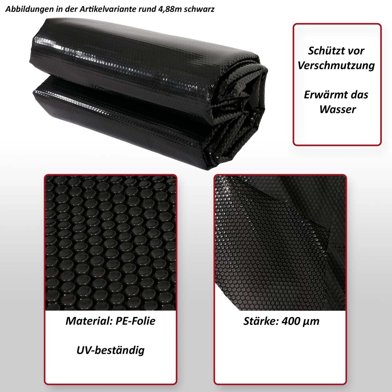Schwarze MCW Pool Abdeckung, 400µm, für runde Pools mit 4,88m Durchmesser. Solarplane aus PE-Folie.