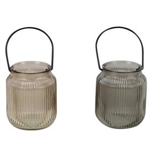 Boltze Windlicht, 2-fach sortiert, Ø 9cm, mehrfarbig. Glaswindlichter mit Metallhenkel.