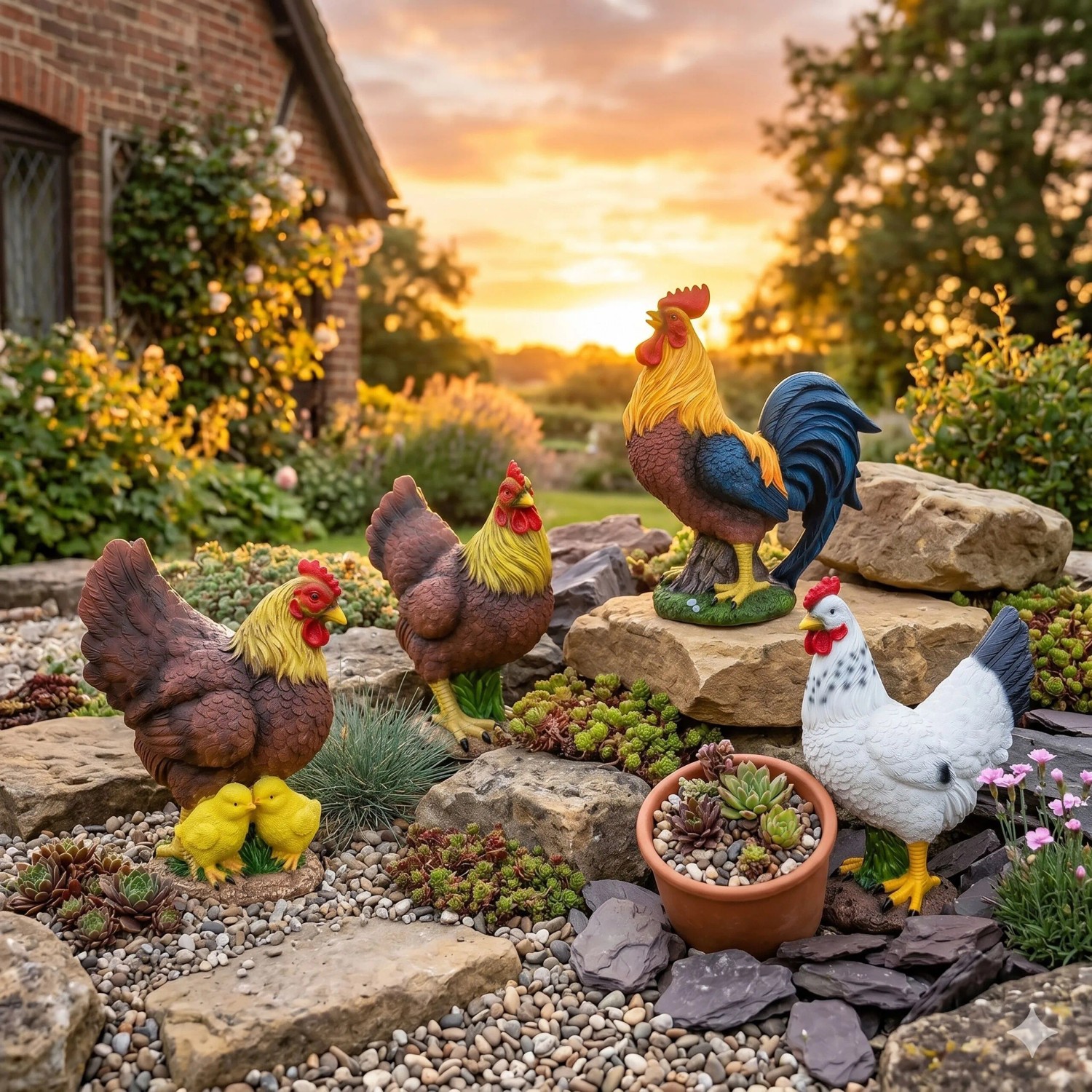 Bunte Gartendekofiguren aus Polyresin: Hahn, Hennen und Küken auf Steinen im Garten bei Sonnenuntergang.