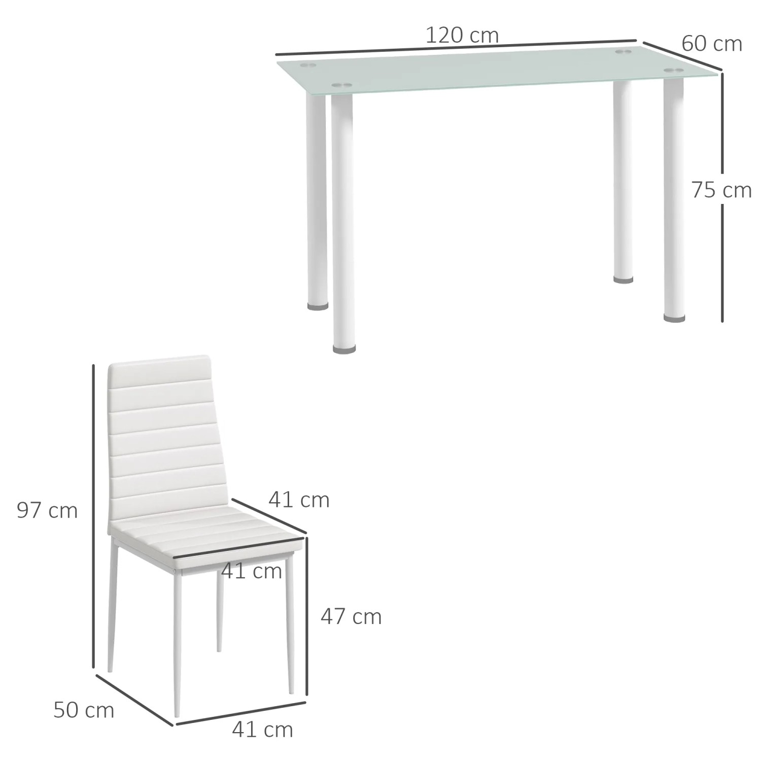 HOMCOM Essgruppe, weißer Tisch mit Glasplatte und 4 Kunstlederstühlen mit Stahlgestell.