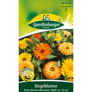 Samentüte Quedlinburger Ringelblume 'Fiesta Gitana Mischung' mit orangefarbenen und gelben Blüten.