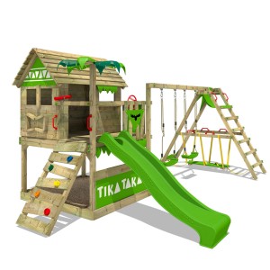 Fatmoose Spielturm TikaTaka mit Rutsche und Schaukel in Apfelgrün.