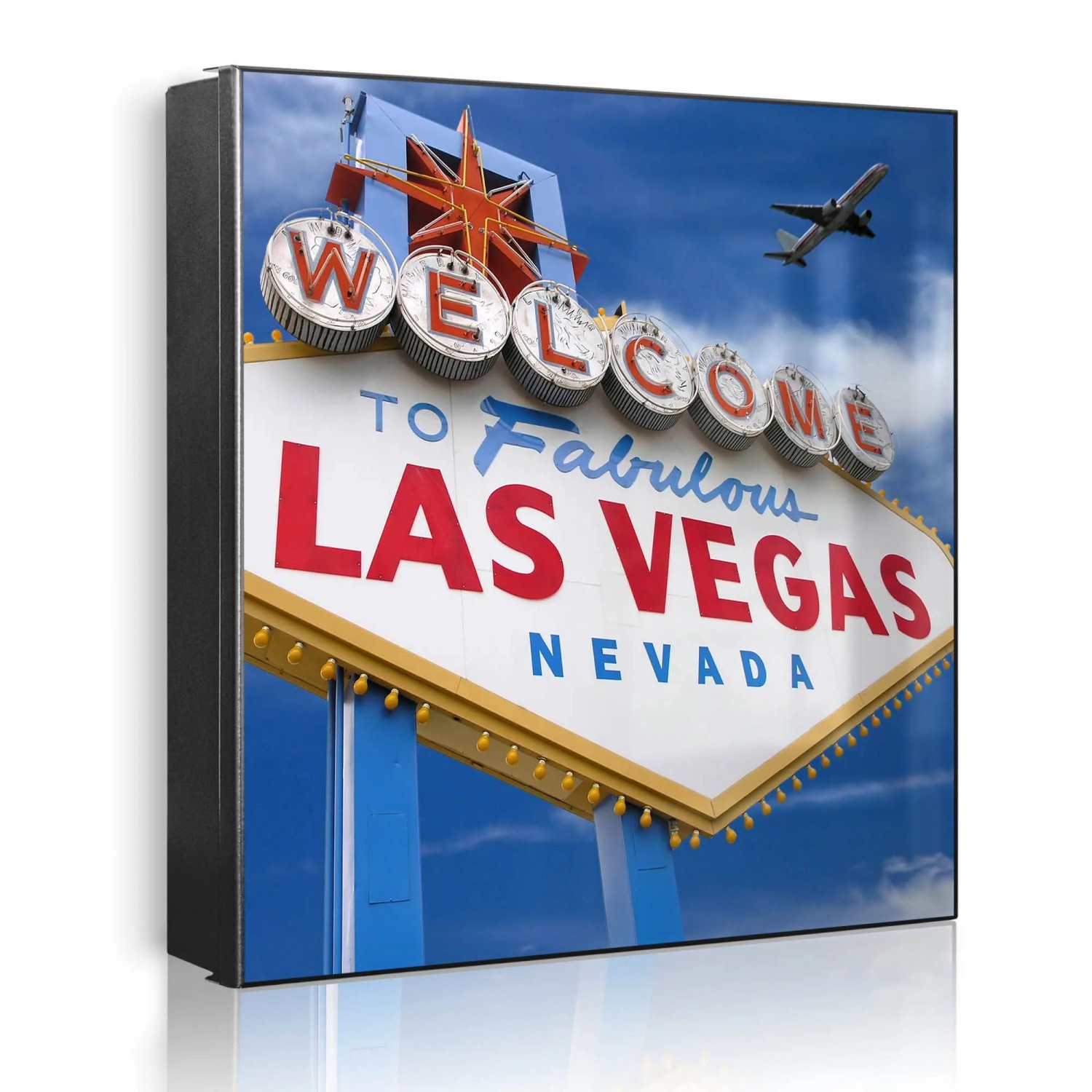 Banjado Großer Schlüsselkasten Metall 30x30cm Schwarz Scharnier Links 50 Haken Beschreibbar Magnetisch Motiv Las Vegas