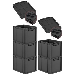 PROREGAL SparSet: 5 schwarze Euroboxen mit Deckel, 30L, Aufbewahrungsboxen für Lager & Transport.