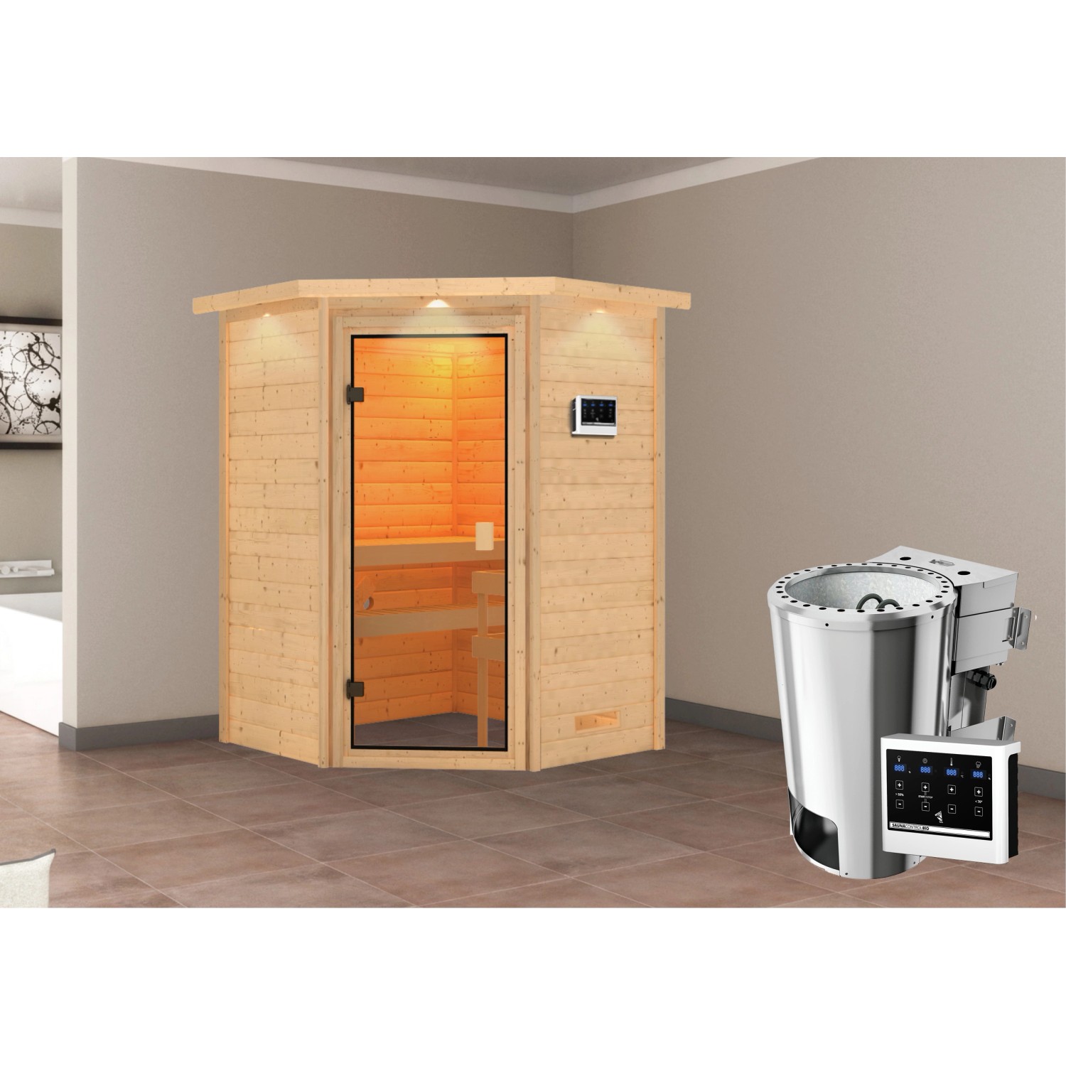 Karibu Sauna Antonia mit Bio-Ofen externe Stg.LED-Dachkranz Natur