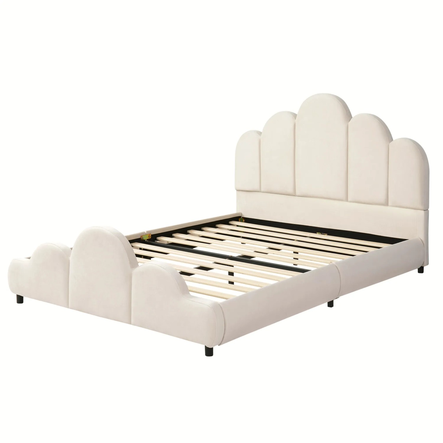 Merax Kinder Polsterbett 140 x 200 cm mit Gepolstertem Kopfteil Samt Beige