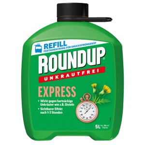 Roundup Unkrautfrei Express 5L: Fertigmischung zur Unkrautbekämpfung für Drucksprühgeräte.