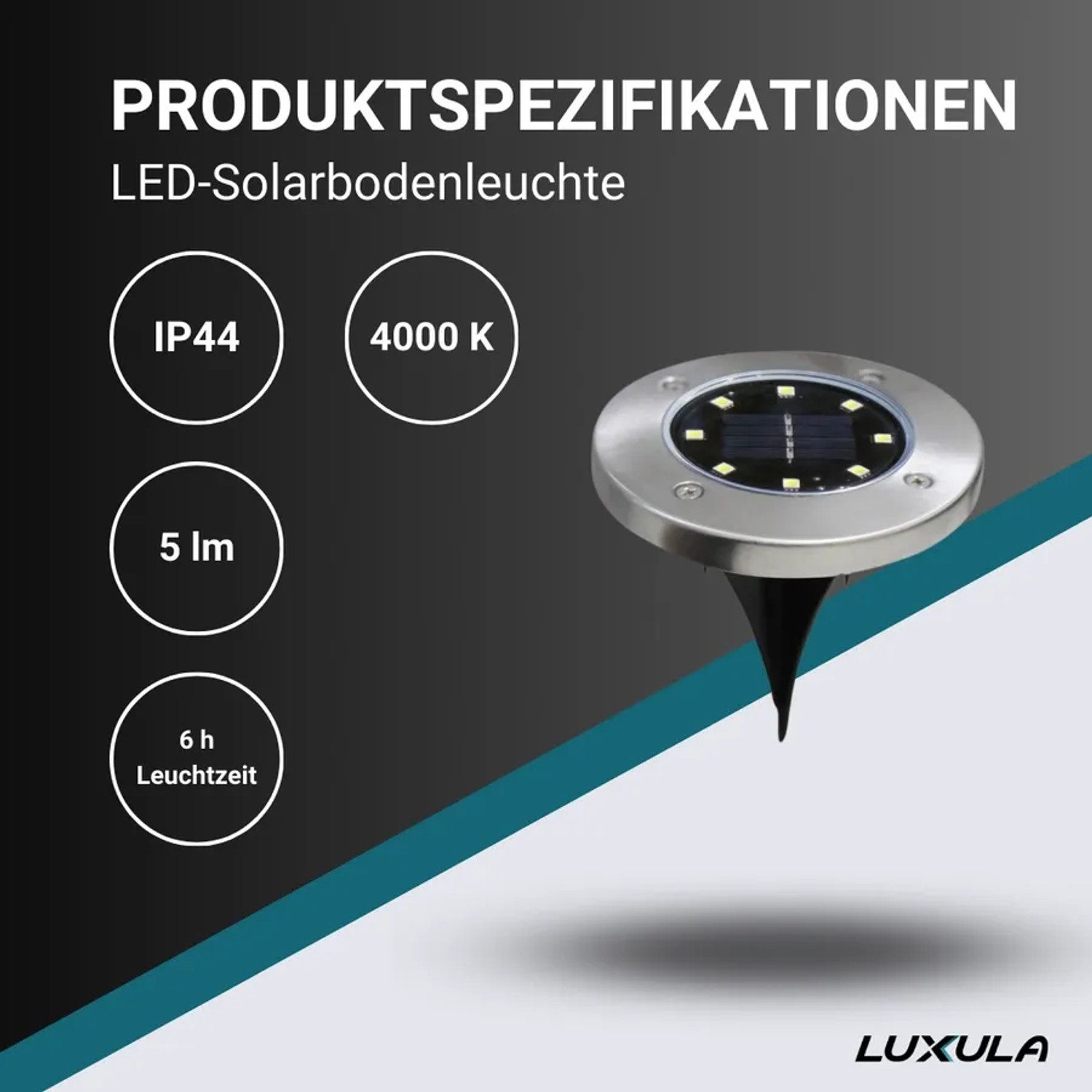 LUXULA Solar Bodenleuchte 6er-Set, Edelstahl/Schwarz, neutralweißes Licht, Gartenstrahler.