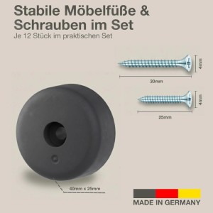 K-Möbel Möbelfüße, 12er Set, schwarz, mit Schrauben (25/30mm) für Eisenwaren & Beschläge.