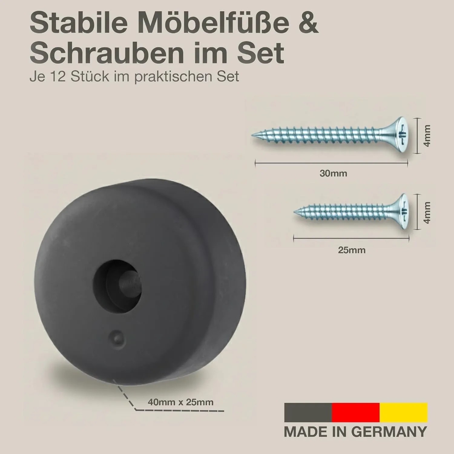 K-Möbel Möbelfüße, 12er Set, schwarz, mit Schrauben (25/30mm) für Eisenwaren & Beschläge.