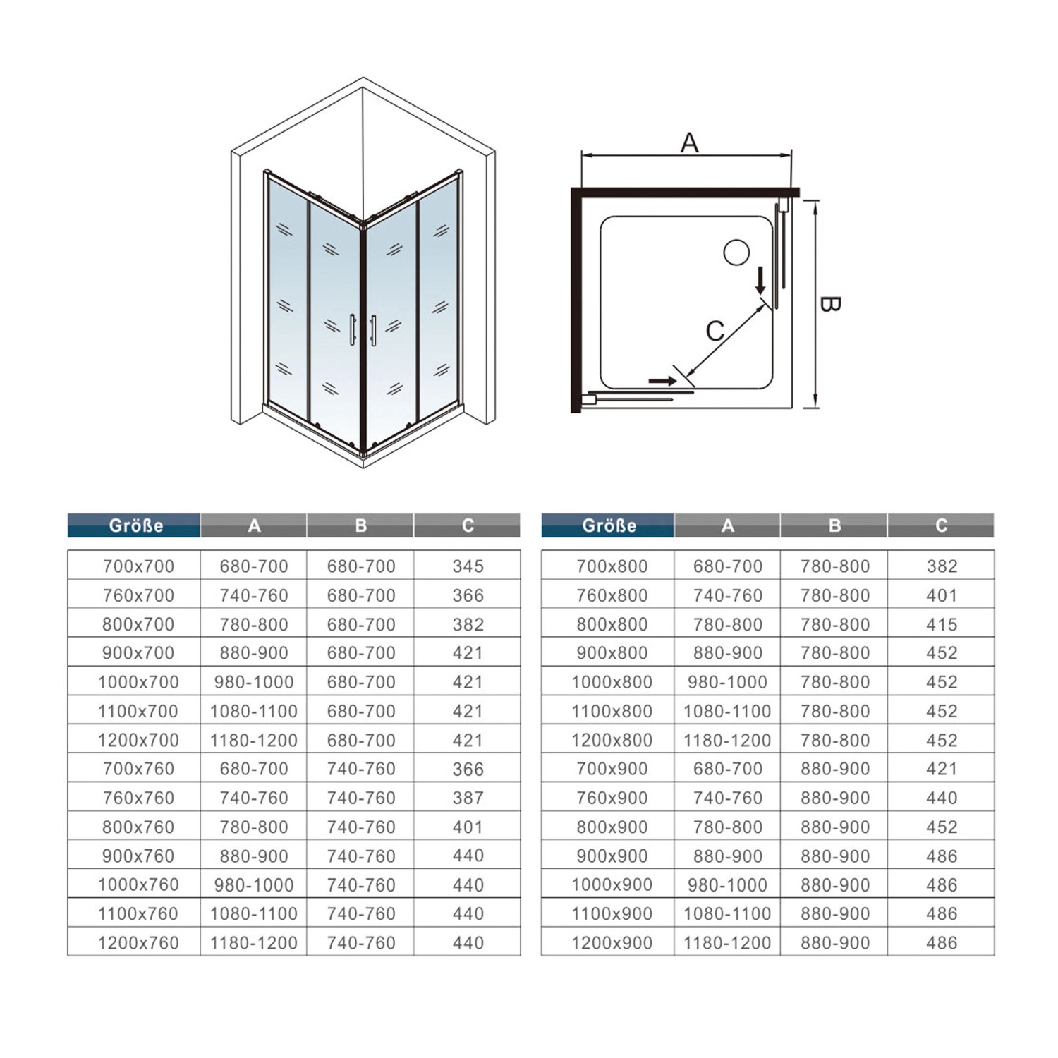 Eck-Duschkabine AICA 110x110cm mit Schiebetür, 6mm Nano-Glas, Eckeinstieg. Schemazeichnung.