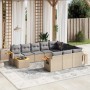 Beige 11-tlg. vidaXL Garten-Sofagarnitur aus Poly Rattan mit grauen Kissen.