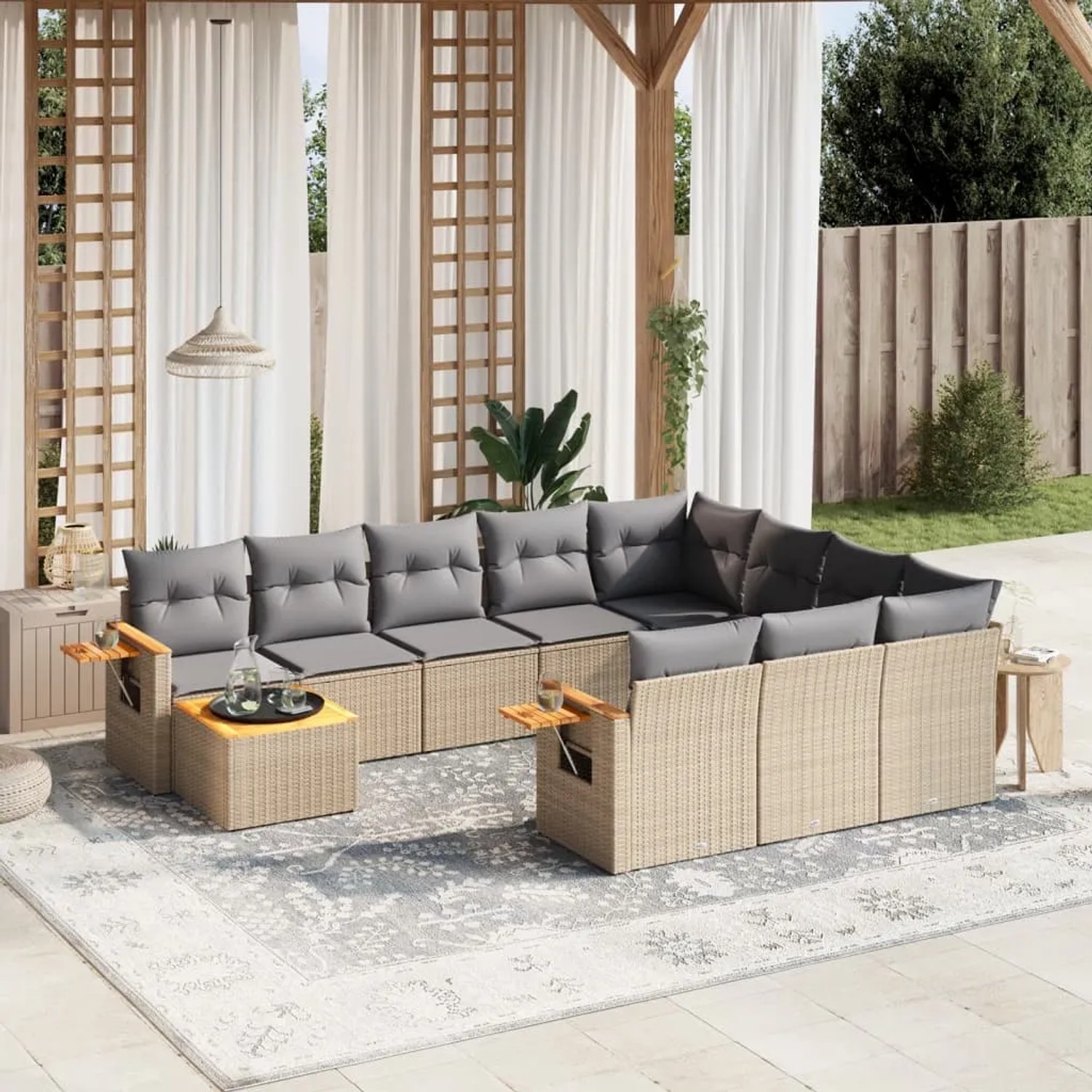 Beige 11-tlg. vidaXL Garten-Sofagarnitur aus Poly Rattan mit grauen Kissen.