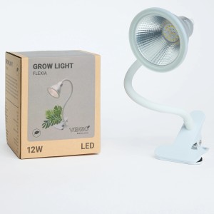 Venso E27 LED-Pflanzenlampe Flexia 12 W mit flexiblem Arm und Klemme, neben Produktverpackung.