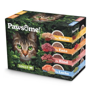 Pawsome Katzen-Nassfutter Multipack Adult, 12 x 85g, mit Huhn, Rind, Lachs und Ente.