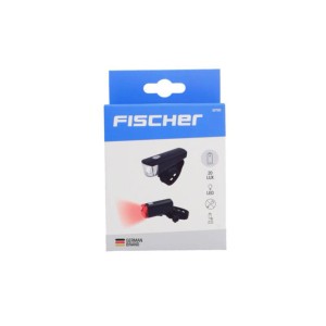 Fischer LED-Batterien-Beleuchtungsset 20 Lux im Karton, Front- und Rückleuchte.