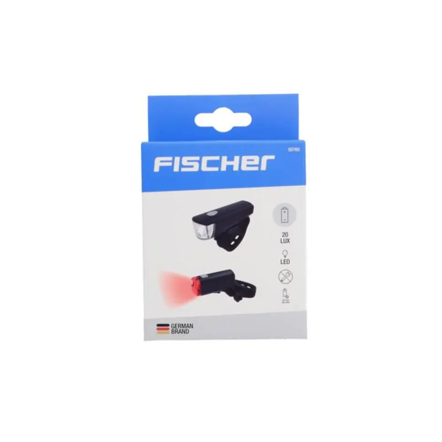 Fischer LED-Batterien-Beleuchtungsset 20 Lux im Karton, Front- und Rückleuchte.