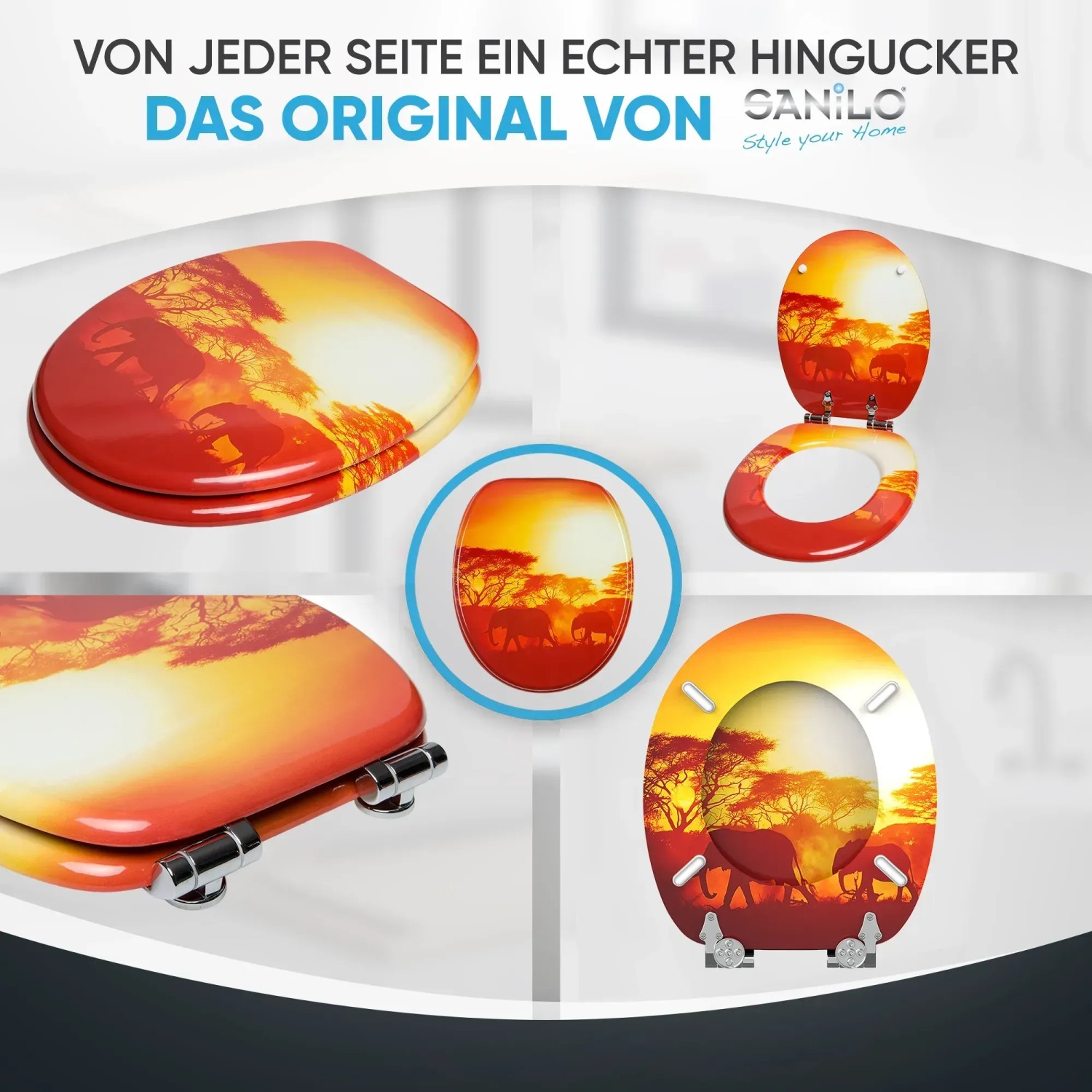 Sanilo WC-Sitz Savanne mit Absenkautomatik, Holz, mit Savannen-Motiv und Elefanten