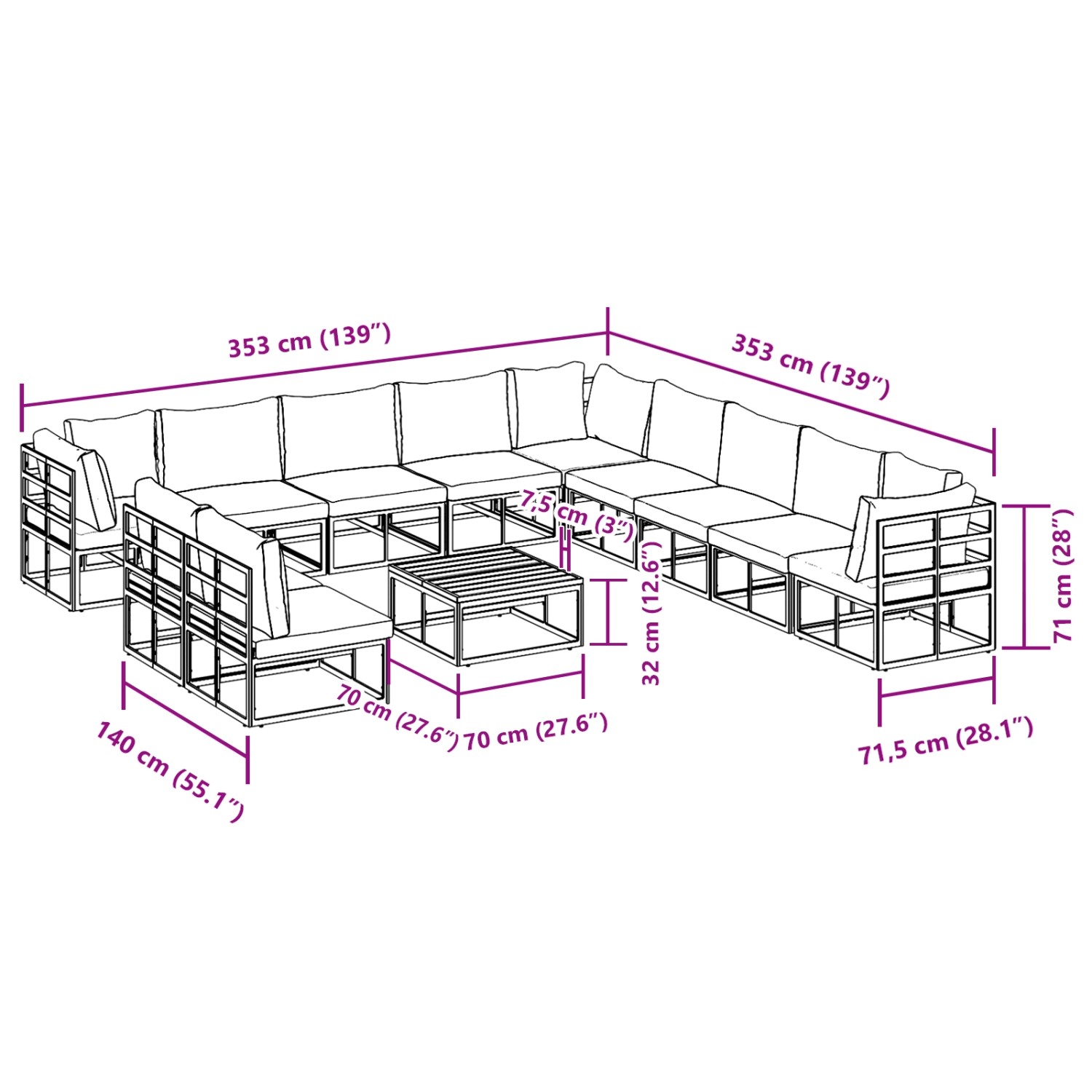 vidaXL Gartenmöbel Set, 12-teilig, schwarz, Aluminium, mit Tisch und Kissen. Abmessungen siehe Bild.