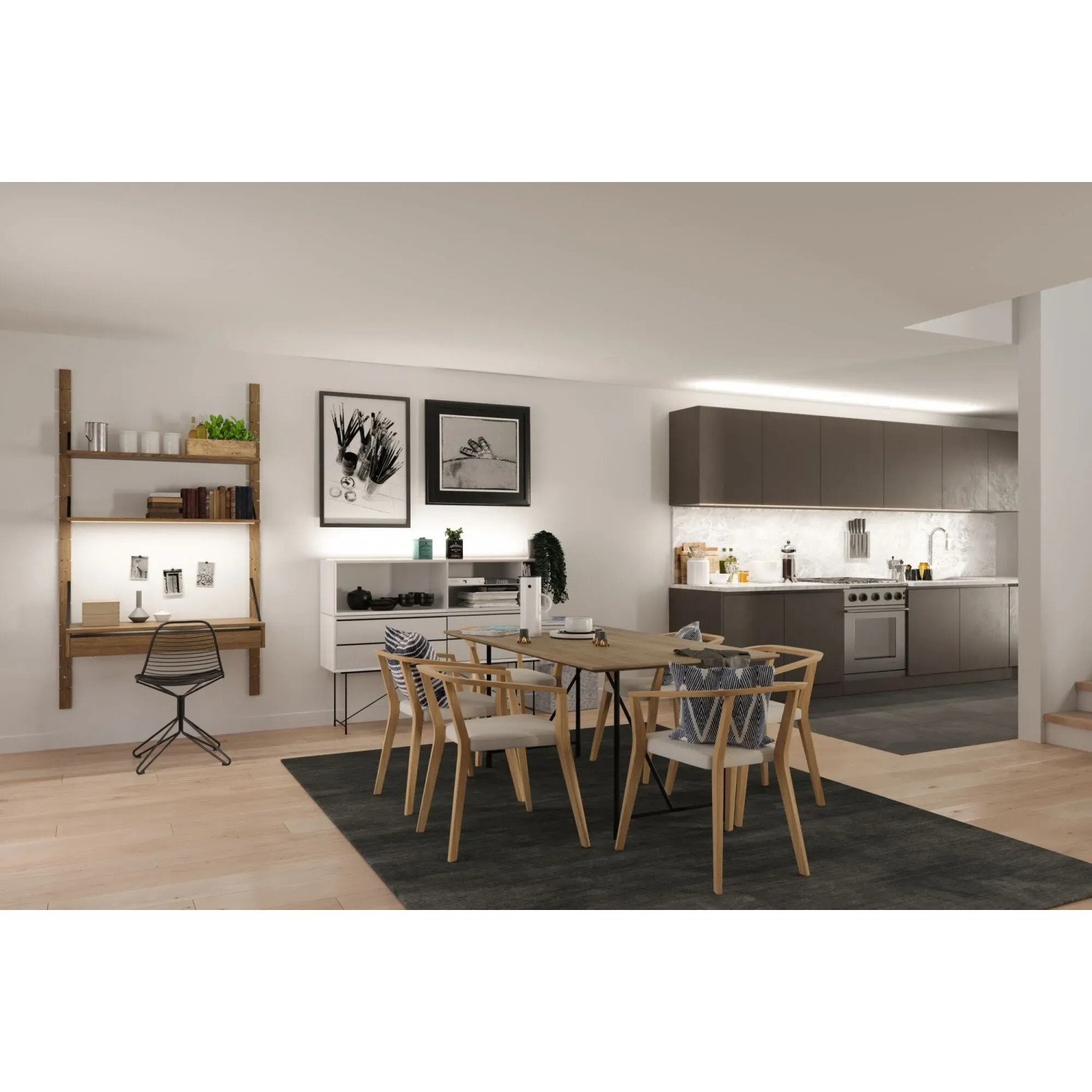 Wohnraum mit Paulmann SimpLED LED-Streifen COB, 1,5 m, Weiß, als Stimmungslicht unter Regal und Küchendecke.