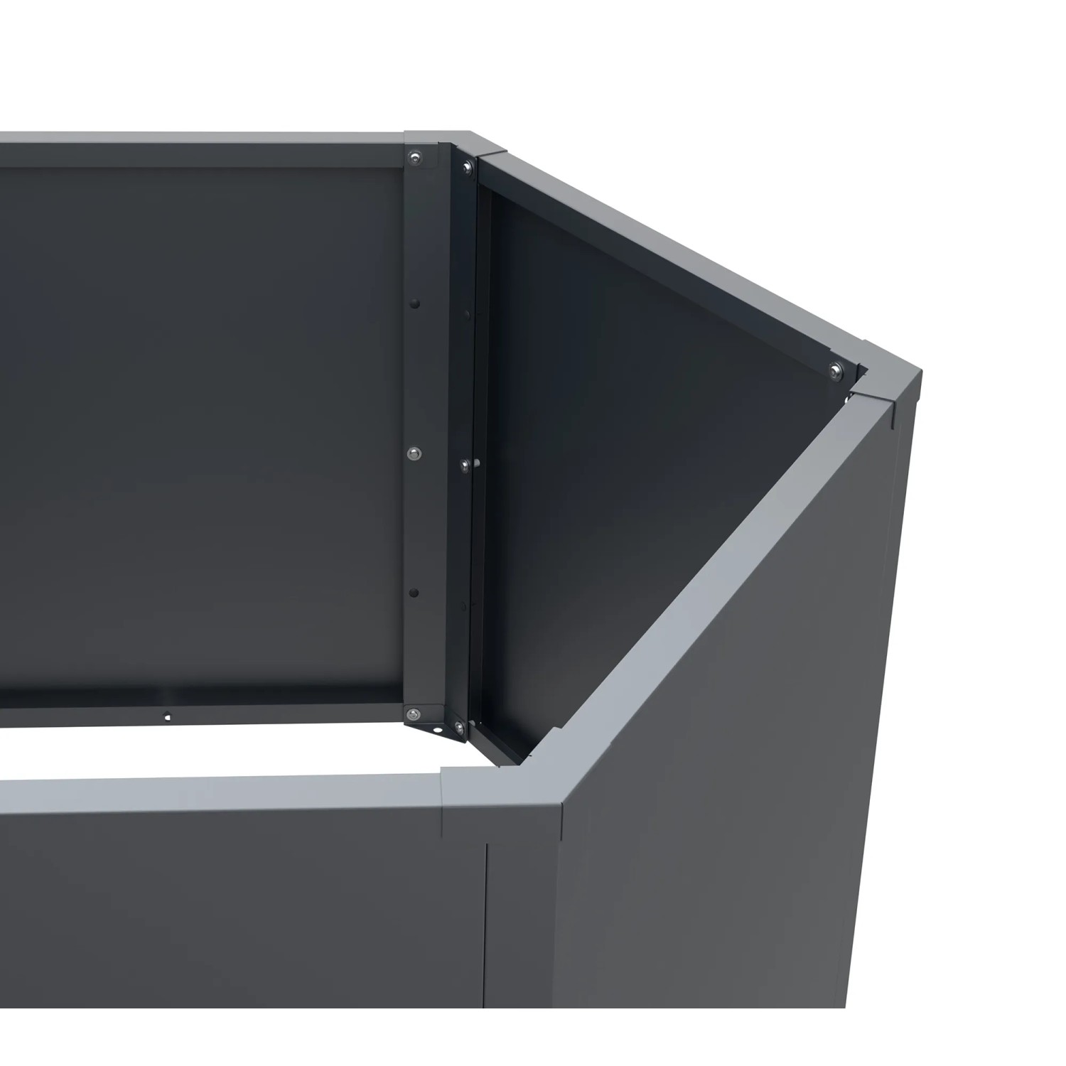 Detailansicht des sechseckigen Westmann Metall-Hochbeets Varia in Anthrazit, 100x100x77 cm.