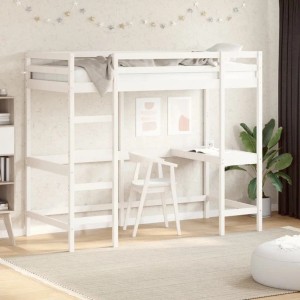 vidaXL Hochbett mit Schreibtisch Weiß 90x200 cm Massivholz Kiefer 842851