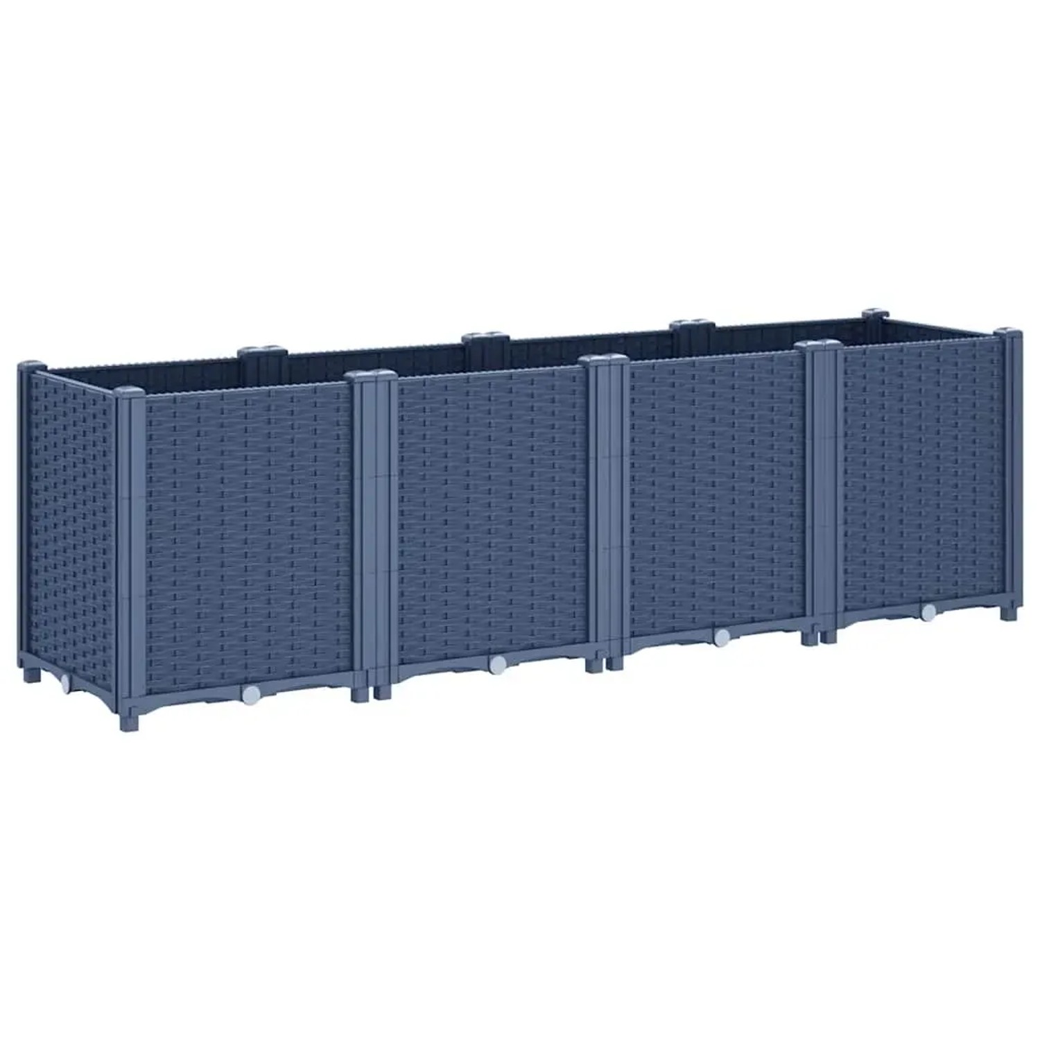 Blaugrauer vidaXL Pflanzkübel (160x40x53 cm) mit Rattan-Optik.