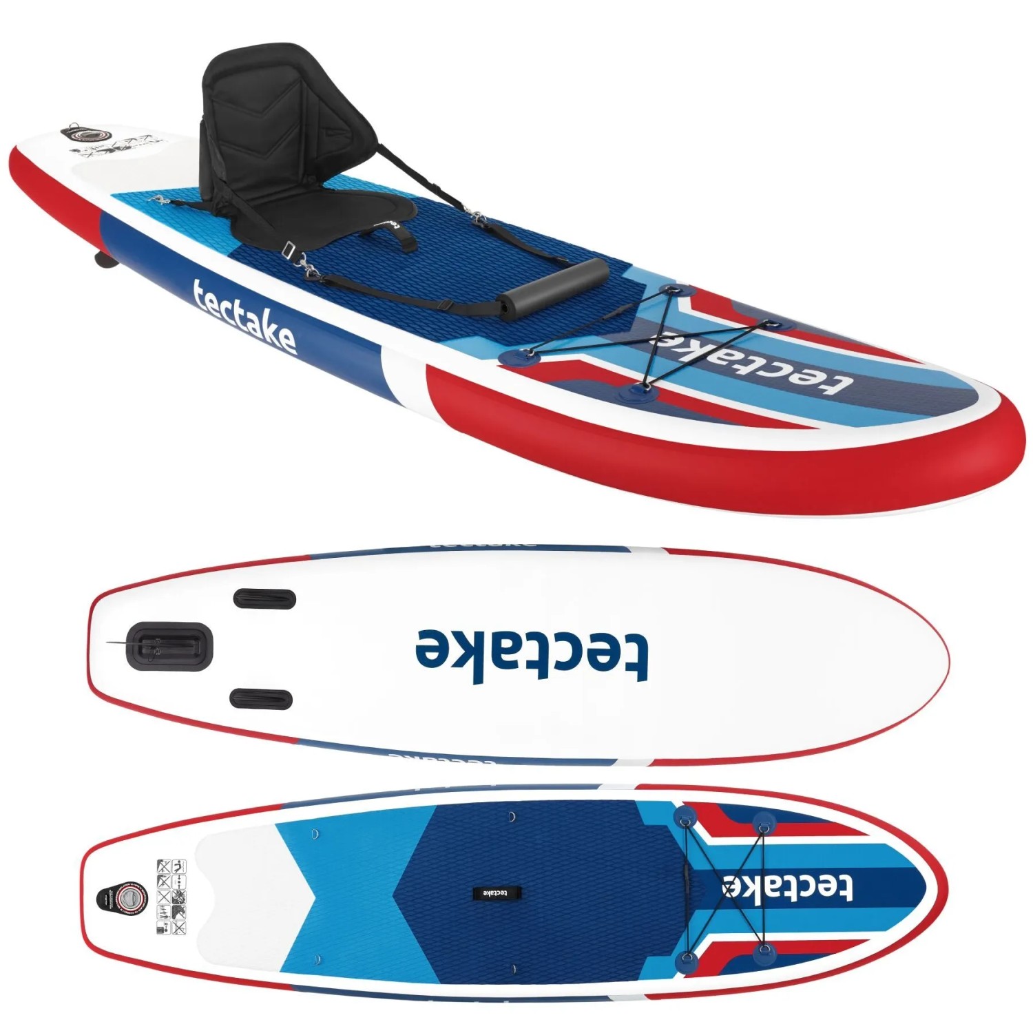 Tectake 2In1 Stand Up Paddle Board  Aus Drop Stitch Material Aufblasbar  Stabil  Leicht und Rutschfest  288 x 77 x 22 50 cm Rot Blau