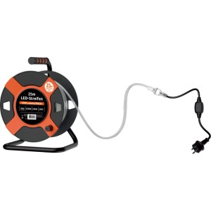 Kabeltrommel mit 25 m LED Lichtband für Baustrahler, aufgerollt.