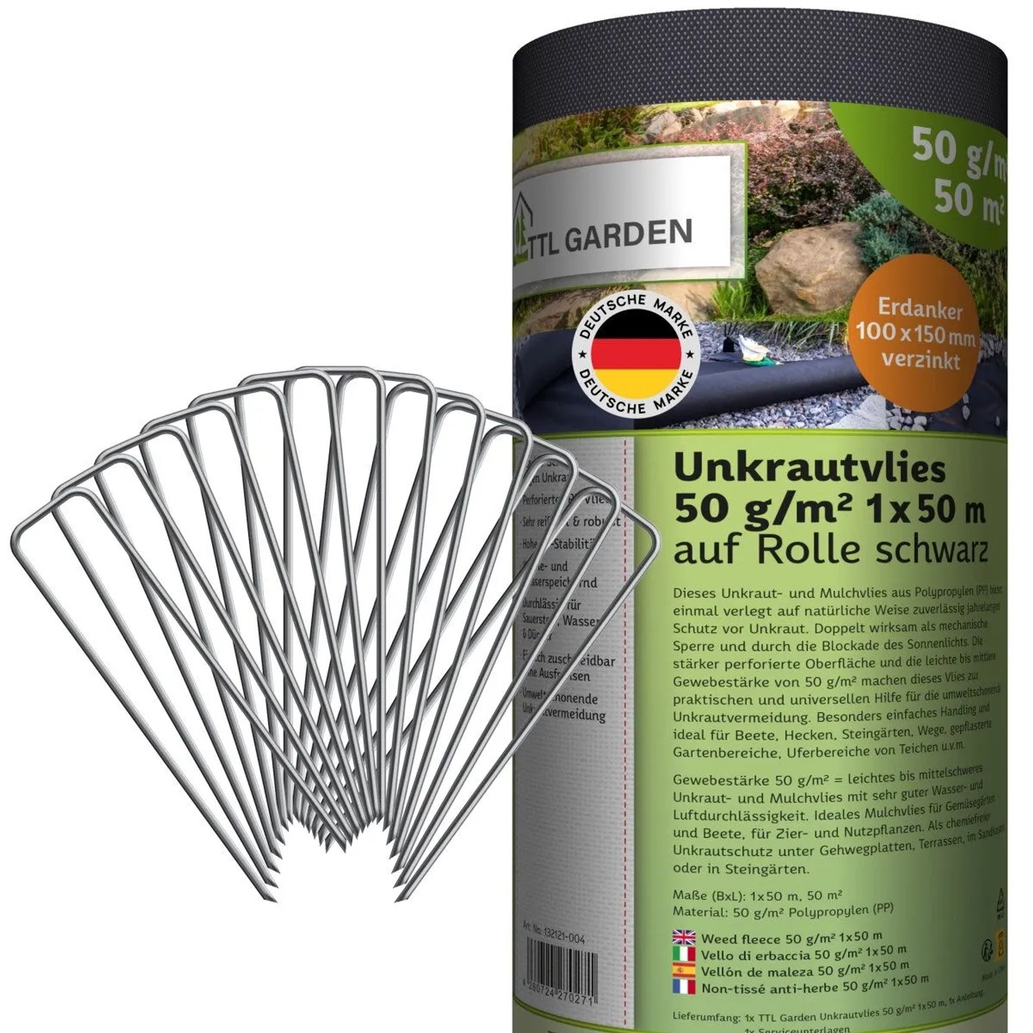 TTL GARDEN Unkrautvlies 50g/m² 1x50m (50m²) Schwarz Inkl. 100 Erdanker 150mm Gartenvlies Mulchvlies wasserdurchlässig UV-stabil