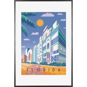 Silberner Kunststoffbilderrahmen 62x93 cm mit Florida Art Deco Motiv.