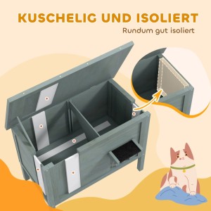 Offenes Katzenhaus PawHut aus Tannenholz, grau, mit Isolierung und kleinem Fenster.