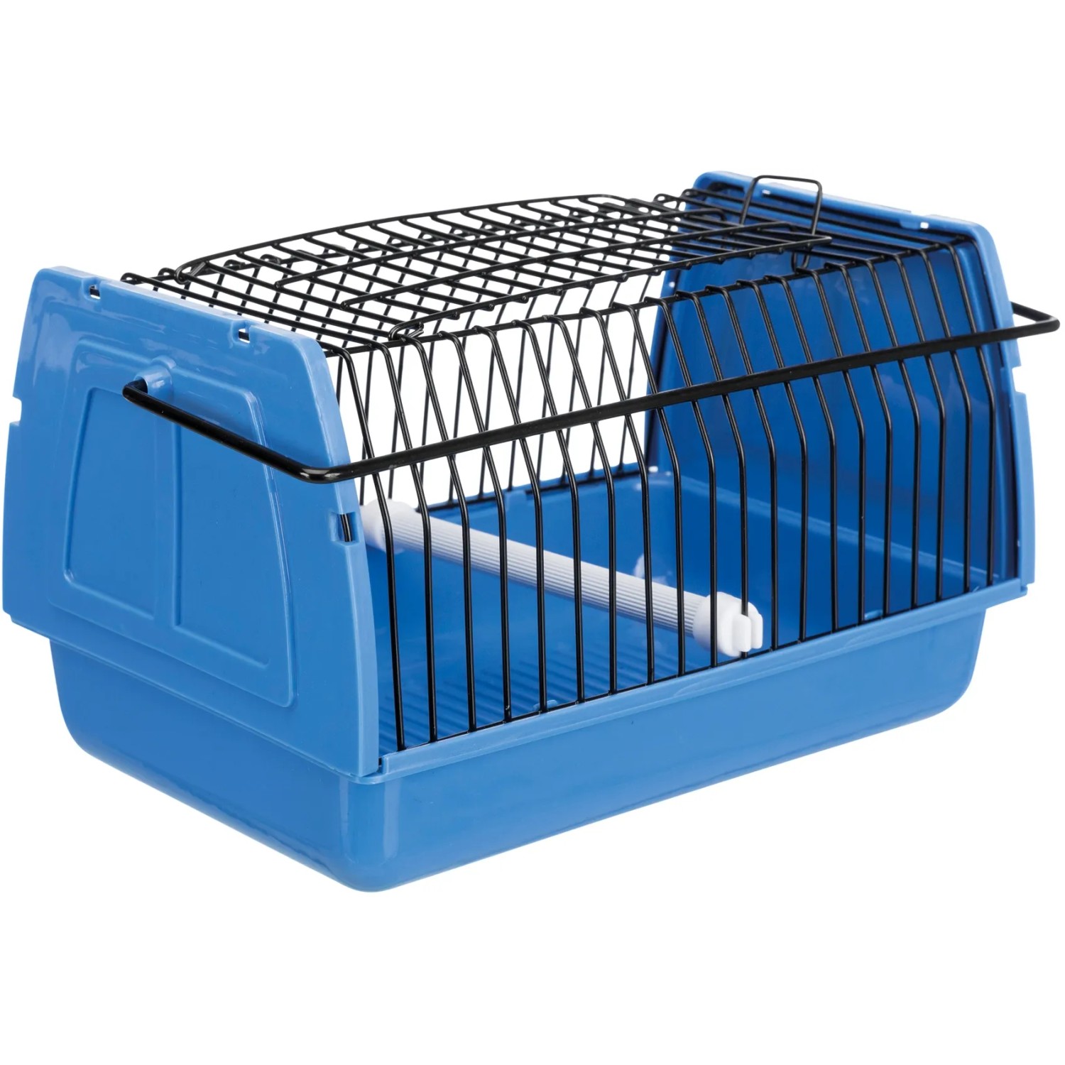 Blaue Trixie Transportbox für Kleintiere mit Gitter und Sitzstange, 22x14x15cm.