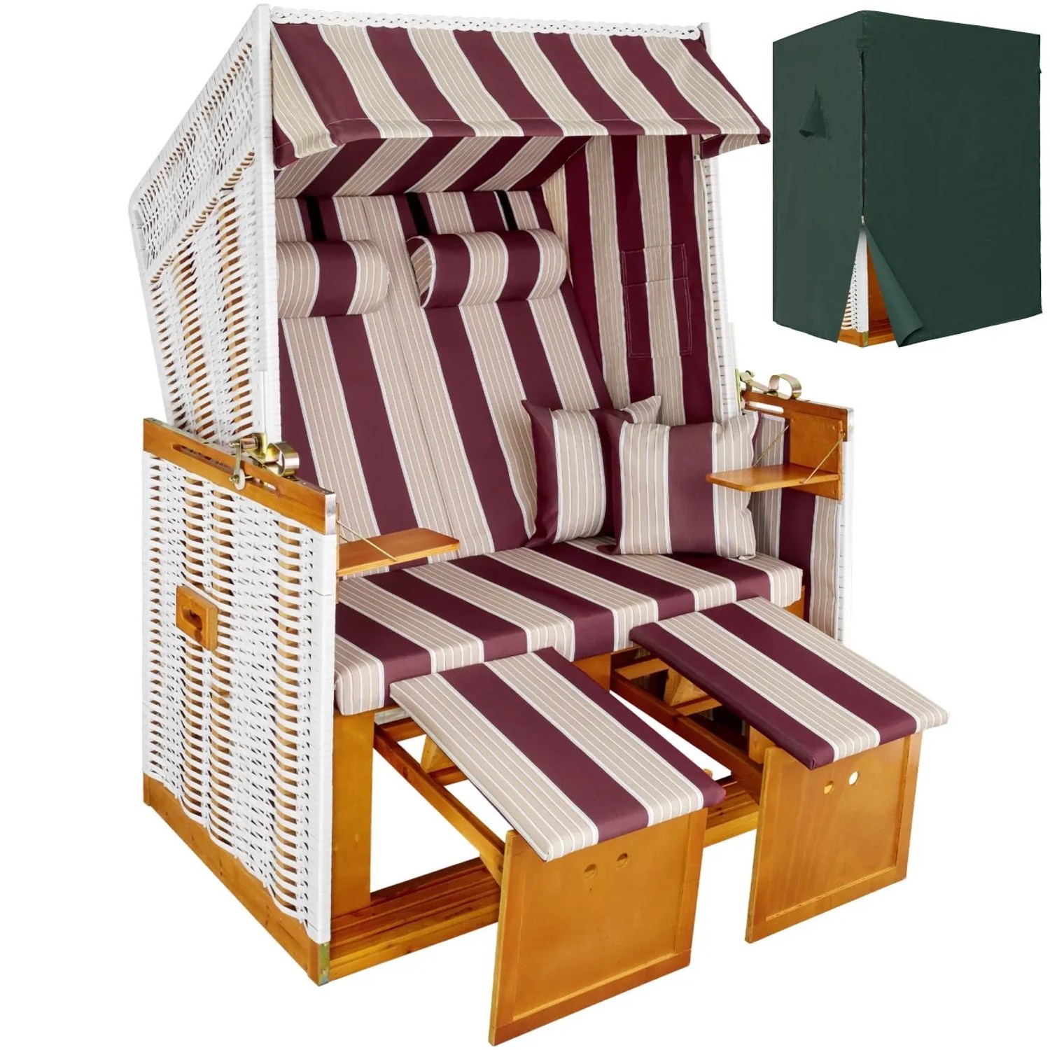 Tectake Strandkorb Sylt Gepolstert Mit Ausziehbaren Fußbänkchen Verstellbar Bis Zur Liegeposition  115 x 78 x 158 cm Rot Weiß